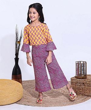 Exclusive from Jaipur Three Fourth Sleeves Top & Chevron Palazzo - Yellow Pink