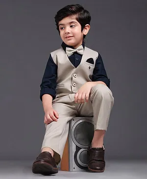 Robo Fry Full Sleeves Shirt With Trouser & Waistcoat Bow Applique - Beige