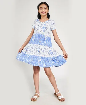 Global Desi Girl Half Sleeves Leaves Printed Dress - Blue