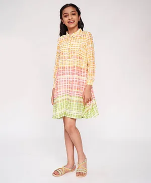 Global Desi Girl Full Sleeves Checked Shirt Style Dress - Yellow