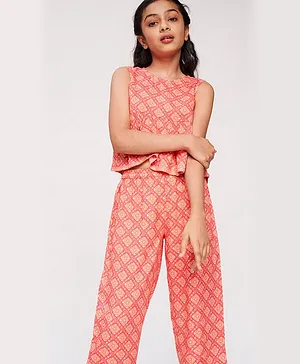 Global Desi Girl Sleeveless Floral Print Top With Pants - Coral Pink
