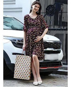 Mine4Nine  Half Sleeves Floral Print Fit & Flare Midi Rayon Maternity & Nursing Dress - Brown