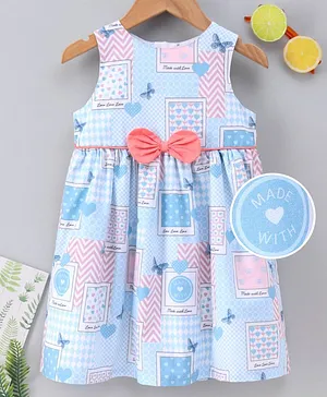 Yellow Duck Sleeveless Printed Frock Bow Applique - Blue