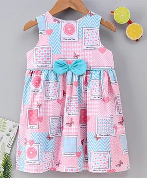 Yellow Duck Sleeveless Printed Frock Bow Applique - Pink