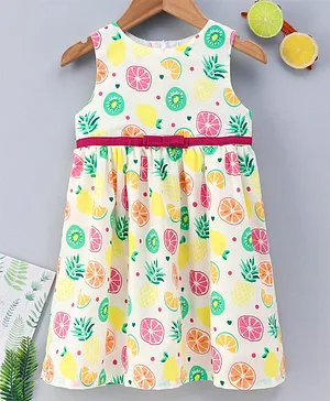 Yellow Duck Sleeveless Frock Fruits Print - White Yellow