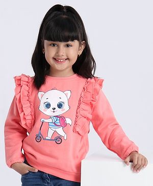 Babyhug Full Sleeves Sweatshirt Graphic Kitty Print - Peach