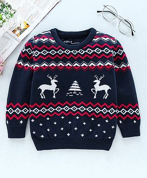 ToffyHouse Full Sleeves Pullover Sweater Reindeer Print - Blue