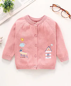 ToffyHouse Full Sleeves Front Open Sweater Cartoon embroidery - Pink