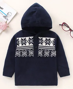 ToffyHouse Full Sleeves Hooded Sweater Snowflakes Design - Navy Blue
