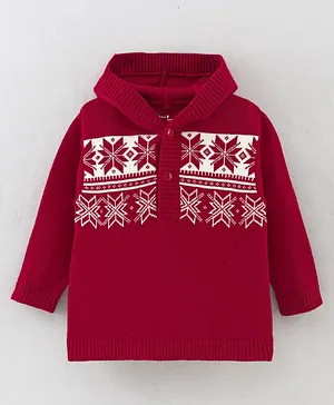 ToffyHouse Full Sleeves Hooded Sweater Snowflakes Design - Red
