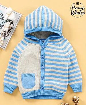 Babyoye Full Sleeves Striped Cotton Hooded Sweater - Blue