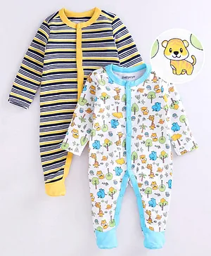 Babyoye Cotton Full Sleeves Striped Sleep Suits Animals Print Pack of 2 - White Multicolor