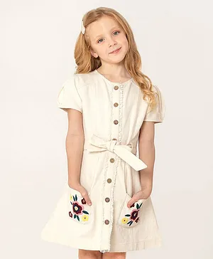 Cherry Crumble By Nitt Hyman Short Sleeves Floral Embroidered Dress - Cream