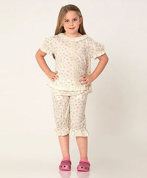 Cherry Crumble By Nitt Hyman Half Sleeves Cherry Print Night Suit - Cream