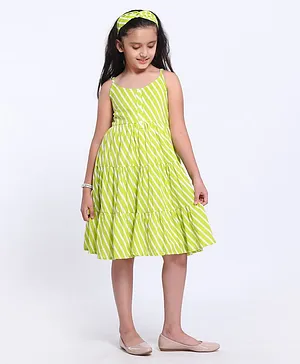 Pine Kids Sleeveless Printed Ethnic Dress with Hairband - Lime Punch