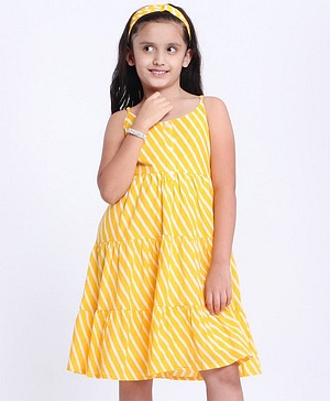 Pine Kids Sleeveless Printed Ethnic Dress with Hairband - Yellow