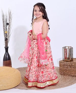 Pspeaches Sleeveless Choli With Floral Print Lehenga With Dupatta - Peach