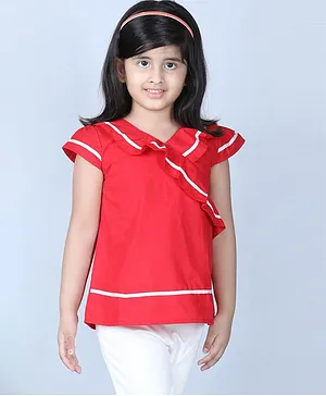 Aww Hunnie Solid Short Sleeves Ruffled Top - Red