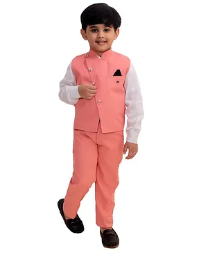 Fourfolds Full Sleeves Solid Colour Shirt With Waistcoat & Pants - Light Pink