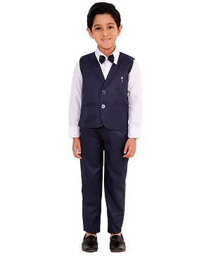 Fourfolds Full Sleeves Solid Colour Shirt With Bow Tie Waistcoat & Pants - Navy Blue