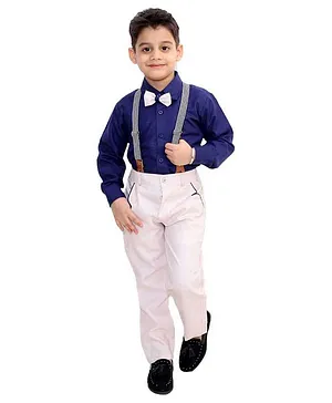 Fourfolds Full Sleeves Solid Colour Shirt With Bow Tie & Suspender Pants - Navy Blue