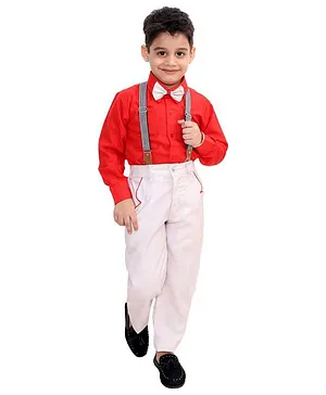 Fourfolds Full Sleeves Solid Colour Shirt With Bow Tie & Suspender Pants - Red