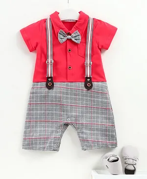 Mark & Mia Party Wear Half Sleeves Romper With Bow - Red Grey