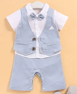 Mark & Mia Party Wear Half Sleeves Romper With Attached Waistcoat & Bow - White Light Blue