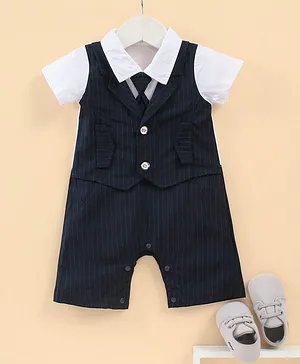 Mark & Mia Party Wear Half Sleeves ChecksRomper With Tie - White Navy Blue