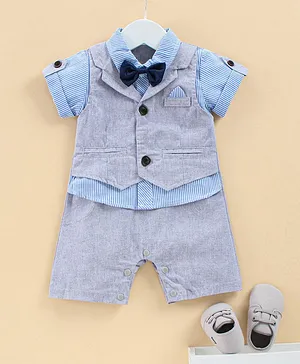 Mark & Mia Half Sleeves Romper With Bow Striped - Grey & Blue