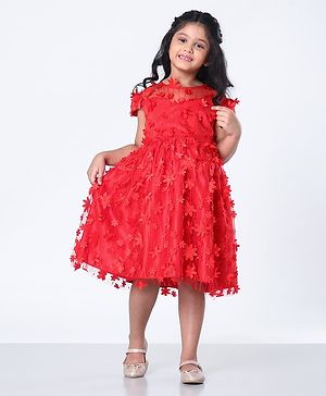 Mark & Mia Party Wear Cap Sleeves Knee Length Frock Flower Applique - Red