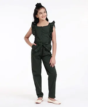 Pine Kids Ruffle Sleevesless Softner Wash Jumpsuit Solid Color - Green