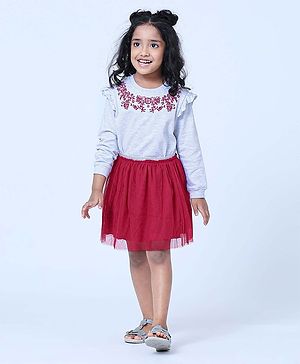 Babyhug Full Sleeves Top With Skirt & Floral Embroidery - Pink & Grey