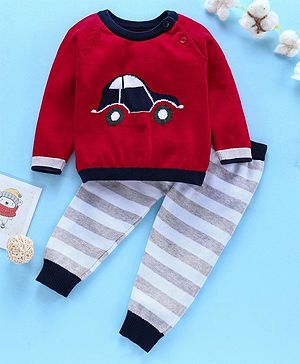 ToffyHouse Full Sleeves T-Shirt & Lounge Pant Winter Wear Set Car Print - Red & Grey