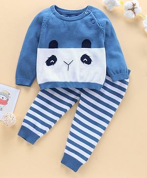 ToffyHouse Full Sleeves T-Shirt & Lounge Pant Winter Wear Set Panda Print - Blue & White