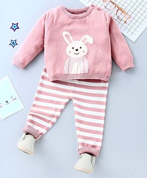 ToffyHouse Full Sleeves T-Shirt & Joggers Winter Wear Set Bunny Print - Pink