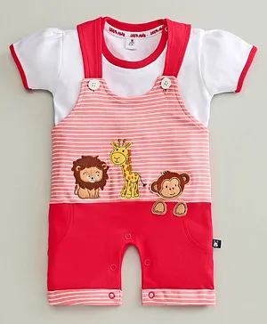 Little Folks Dungaree Style Romper with Half Sleeves Inner Tee Lion Patch - Dark Pink