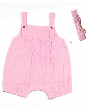 Haus & Kinder Crinkled Muslin Dungarees with Headband - Pink