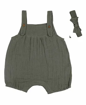 Haus & Kinder Crinkled Muslin Dungaree with Hairband - Olive