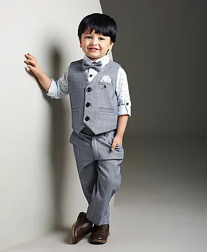 Robo Fry Full Sleeves 3 Piece Party Suit - Grey (Brooch Design May Vary)