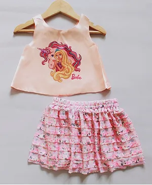 Barbie by Many Frocks & Sleeveless Unicorn Print Detailing Top With Frill Skirt - Peach