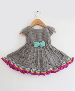 Woonie Short Sleeves Bow Detailing Handmade Dress - Grey