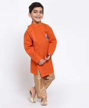Maxence Full Sleeves Boy With Horse Patch Kurta With Pyjama  - Orange