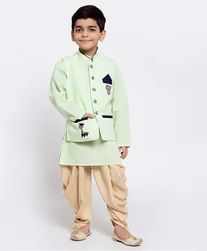 Maxence Full Sleeves Elephant Patch Jacket With Kurta & Dhoti  - Green