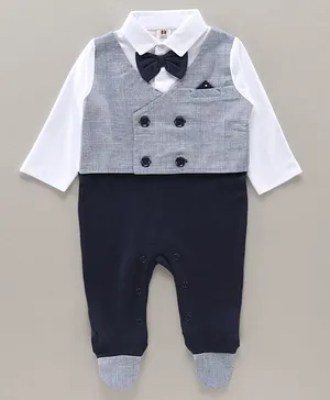 ToffyHouse Party Wear Full Sleeves Checks Footed Romper With Tie - White Navy Blue