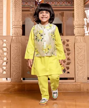 Babyhug Full Sleeves Kurta and Pajama Set with Floral Print Waist Coat - Yellow