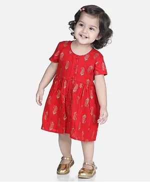 Bownbee Short Sleeves Paisley Print Jhabla With Bloomer- Red