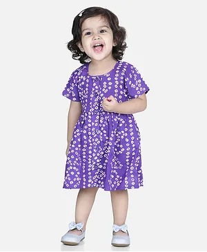 Bownbee Short Sleeves Bandhani Print Jhabla With Bloomer- Purple