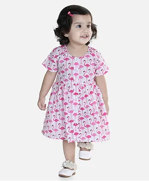 Bownbee Short Sleeves Flamingo Print Cotton Jhabla With Bloomer- Pink
