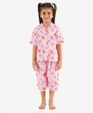 KID1 Half Sleeves Owl Print Capri Night Suit Set - Pink